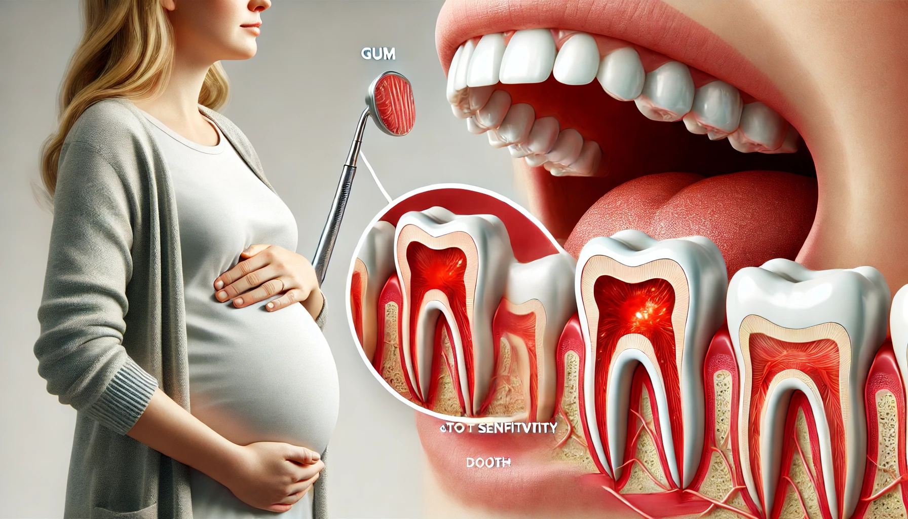 Illustrasjon av tannproblemer hos gravide, viser hovne og røde tannkjøtt samt økt tannfølsomhet under svangerskapet.