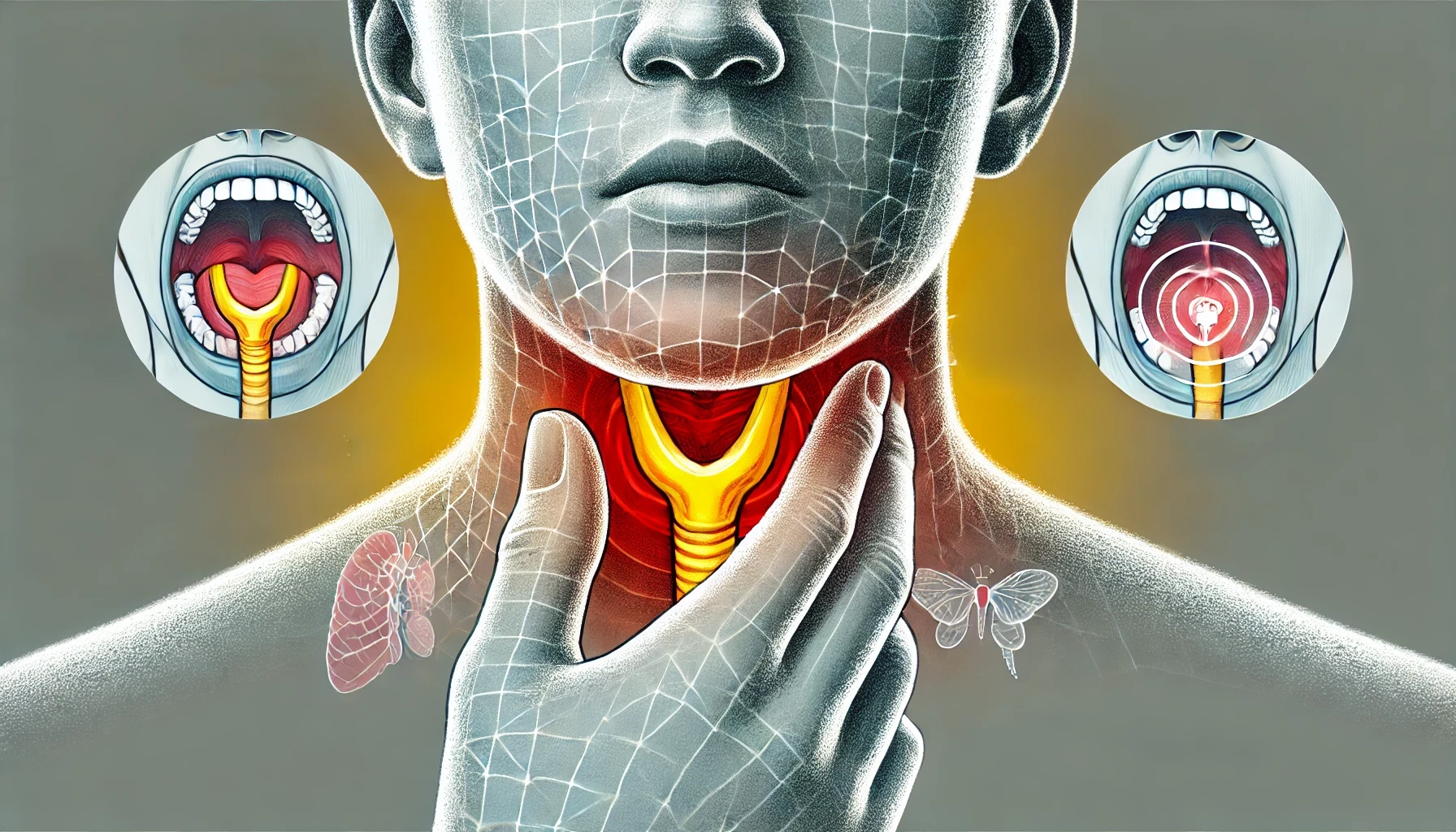Illustrasjon av en person med vondt i halsen og ubehag i halsområdet, med fokus på drøvelen, uten tekst."
