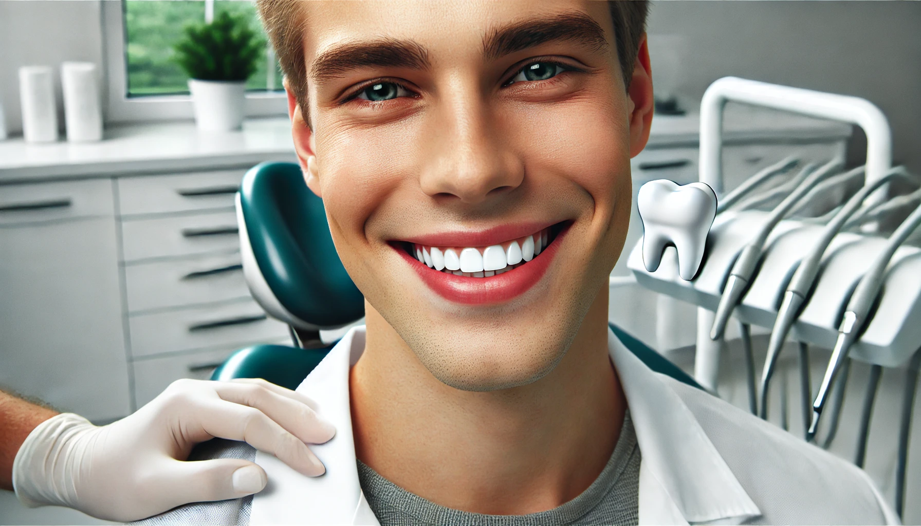 En person med sunne, velstelte tenner smiler i en lys tannklinikk, som symboliserer god munnhygiene og etterbehandling.