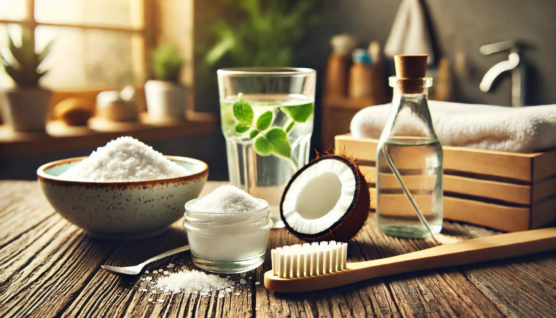 Naturlige metoder for å fjerne plakk og tannstein med tannbørste, natron, kokosolje og saltvann på et trebadromsbenk.