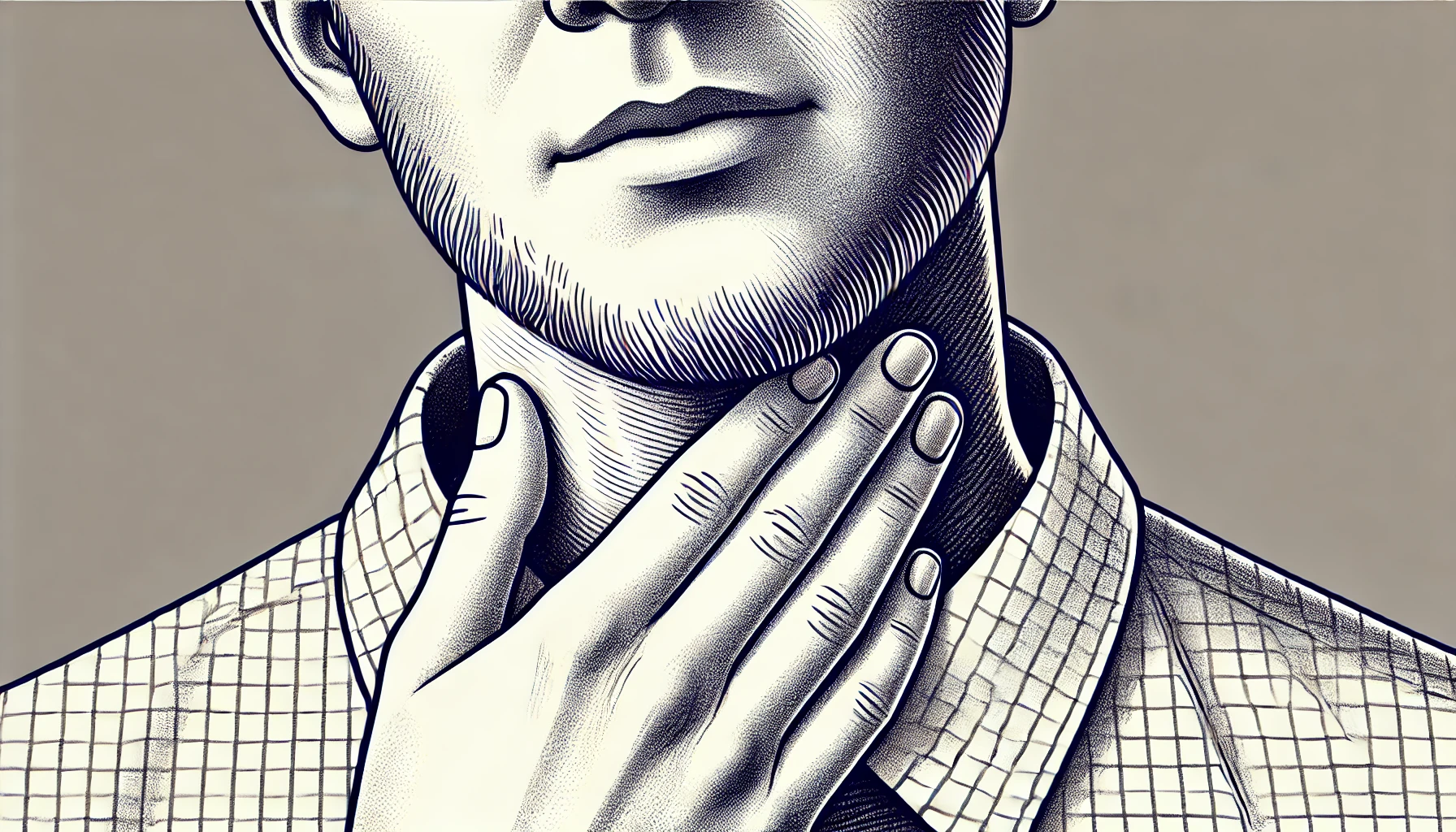 "Person som holder halsen og viser tegn på ubehag relatert til drøvelen."