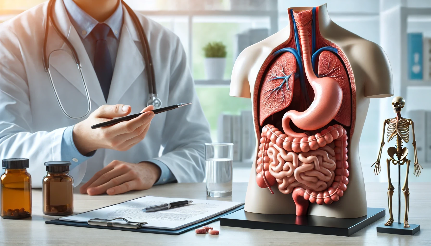 "Moderne klinikk hvor lege bruker anatomisk modell i konsultasjon."