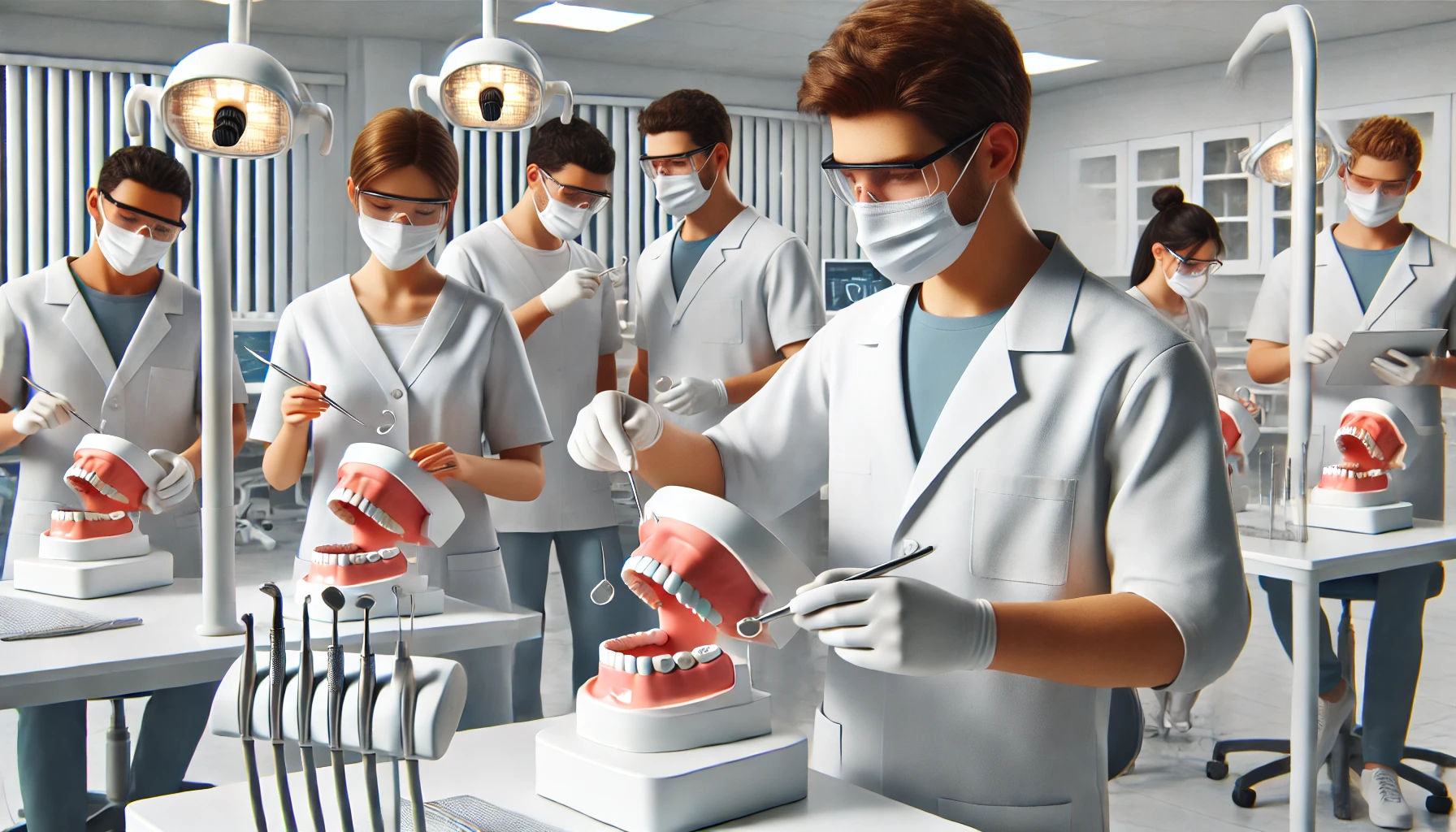 Tannlegestudenter øver på tannmannekenger i et universitetslaboratorium med veiledning fra en professor.