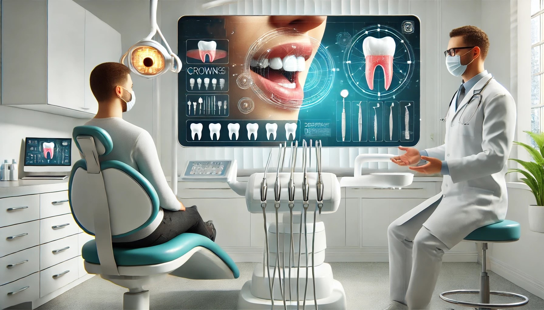 Tannlege forklarer ulike tannbehandlinger til pasient i en moderne klinikk, med digitale verktøy og modeller for visuell demonstrasjon."