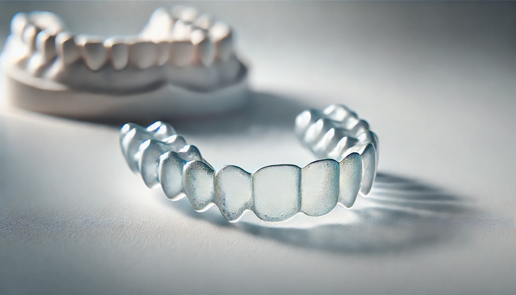 Gjennomsiktig tannregulering på hvit overflate med mykt lys, som viser en moderne og diskret design for tannjustering.