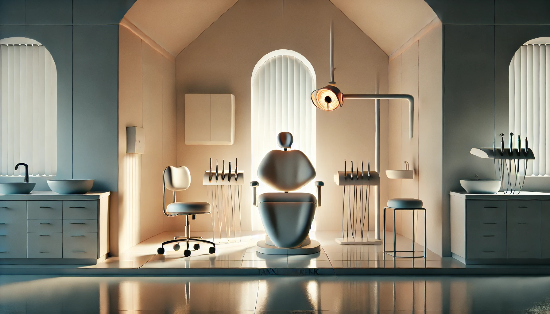 Tannlegeskrekk symbolisert i en rolig tannlegekontor med elementer som skaper en følelse av ubehag og angst.