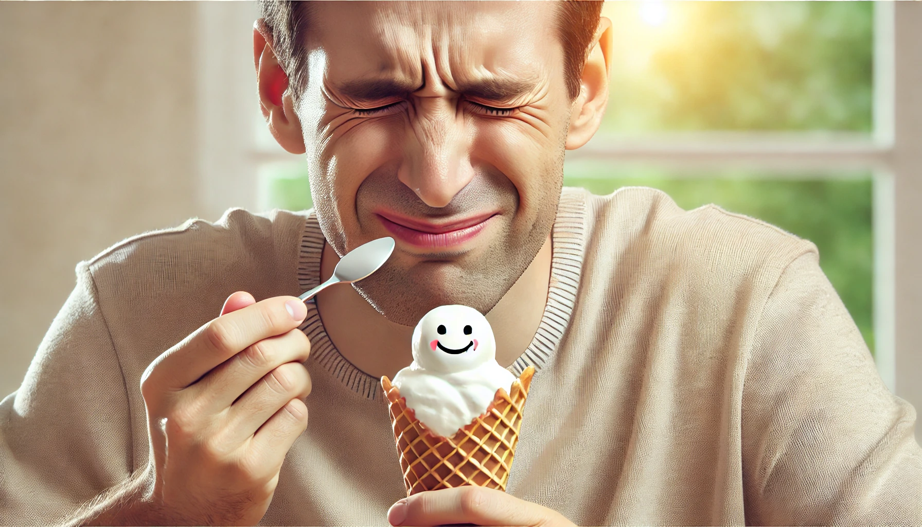 Mann reagerer med ubehag mens han spiser iskrem, et tydelig tegn på tannsensitivitet og ømfintlige tenner.