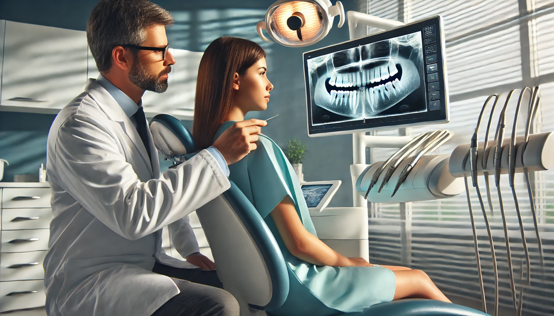 "Kvinne konsulterer med endodonti spesialist i moderne tannlegekontor."
