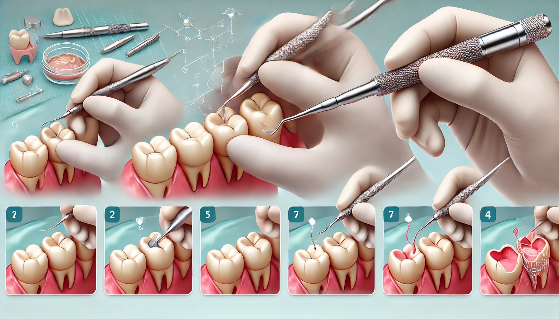 "En tannlegesituasjon som viser trinnene i påføring av komposittmateriale på en pasients tann, med nøyaktige tannlegeverktøy."