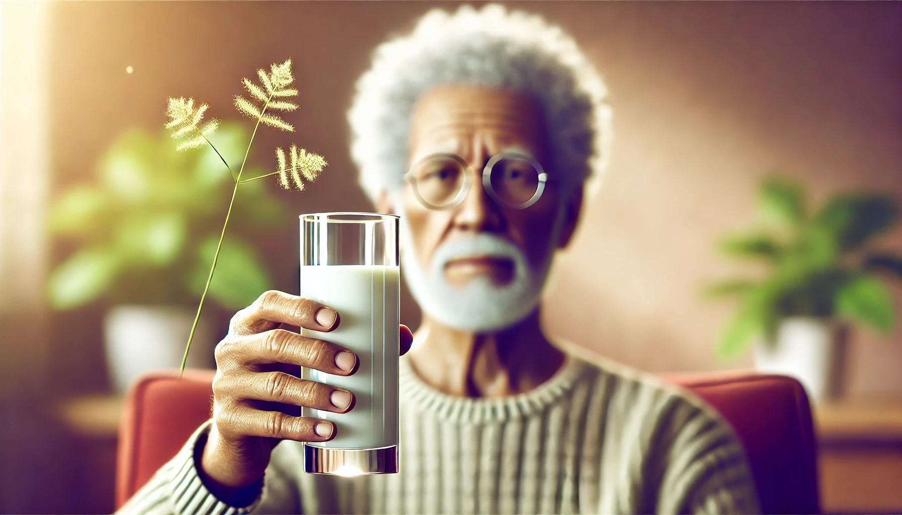 Person med sprø negler og svake bein holder et glass melk med bekymret uttrykk, symboliserer kalsiummangel.