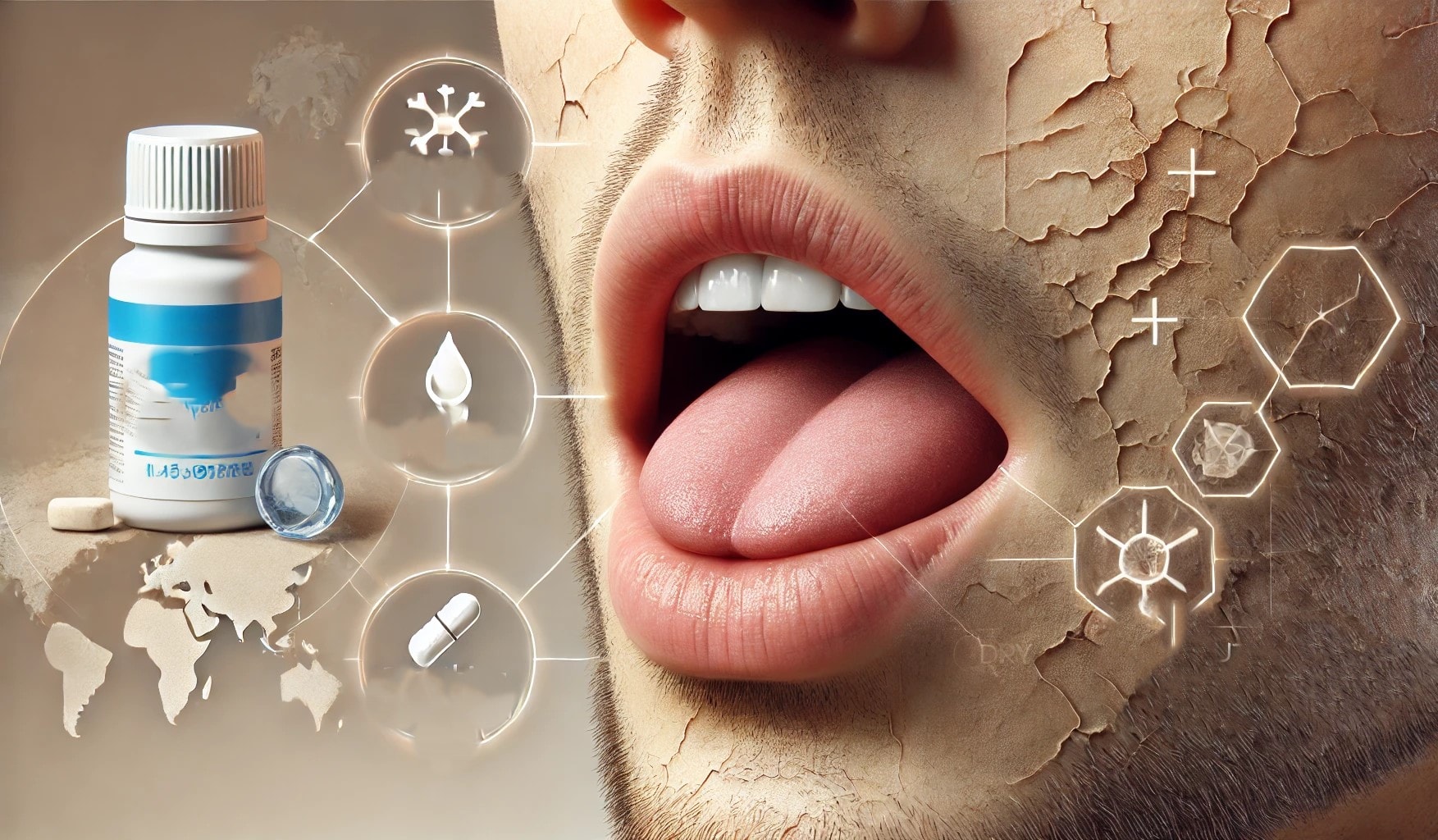 "Realistisk bilde av vanlige årsaker til tørr hals og munntørrhet, inkludert dehydrering, medisiner, og pusting gjennom munnen."