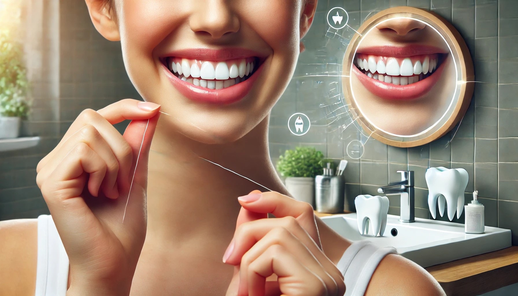 "Person bruker tanntråd for bedre munnhelse og å forebygge dårlig ånde i bad."