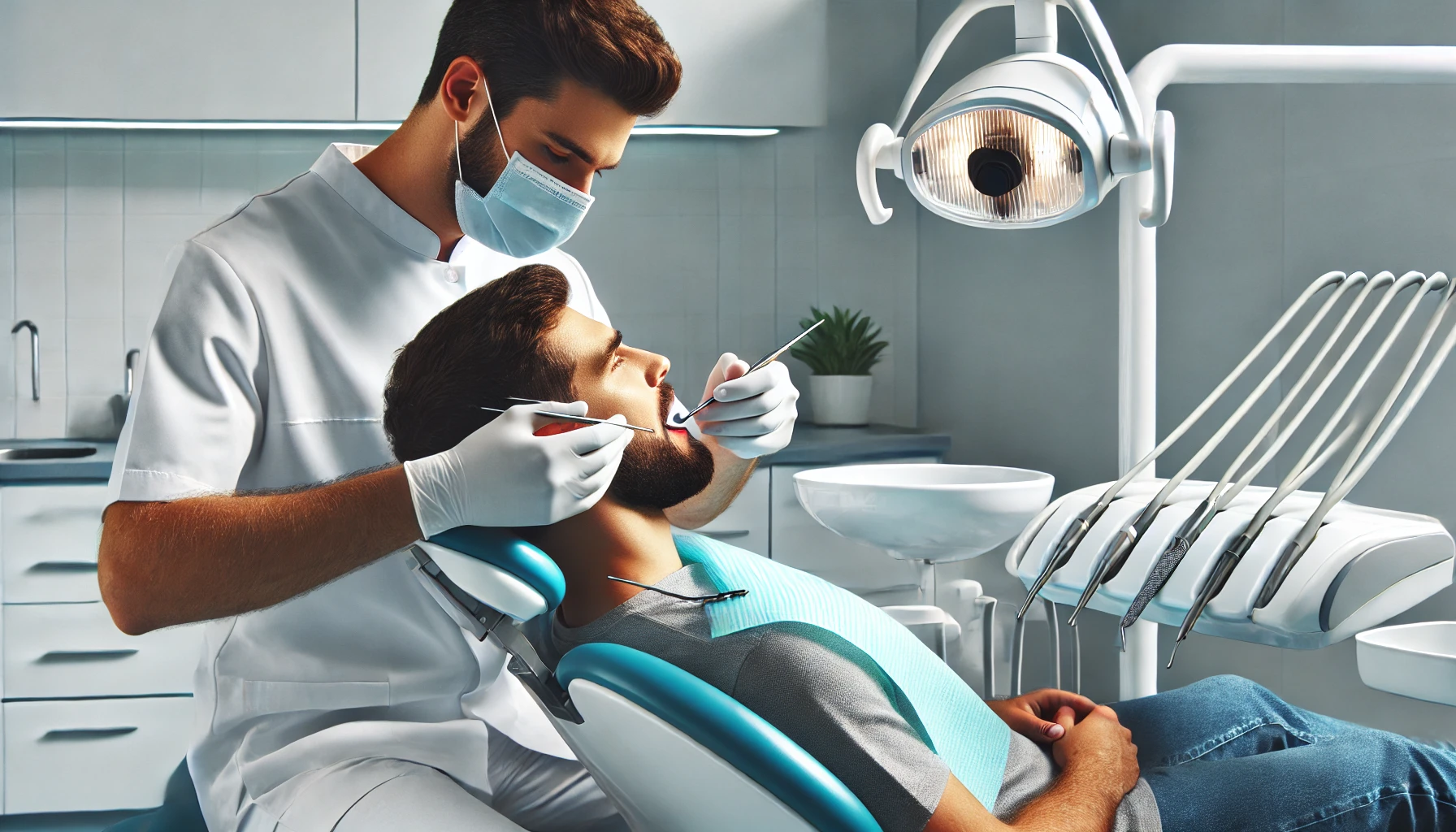 Tannlege forbereder seg til tannkjøttoperasjon i en moderne klinikk, med pasient i tannlegestol og sterile instrumenter klare."