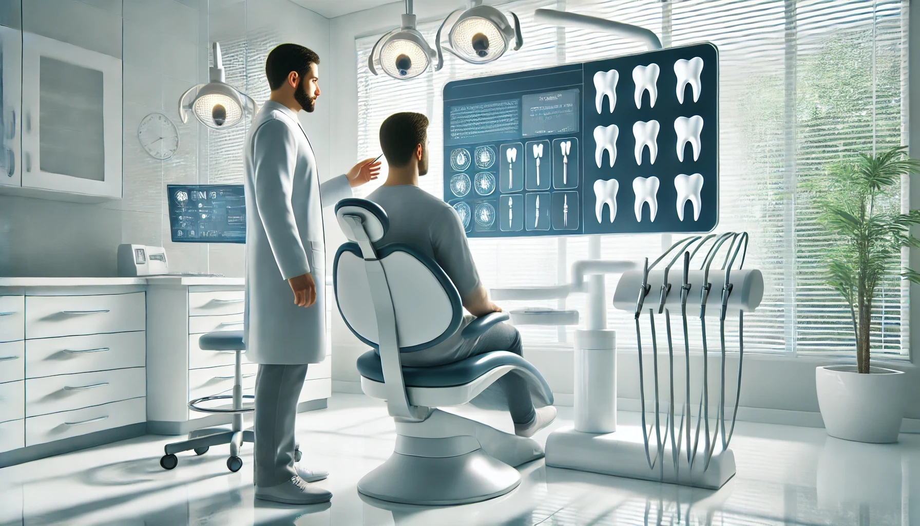 Pasient i samtale med tannlege i en moderne og ren klinikk."