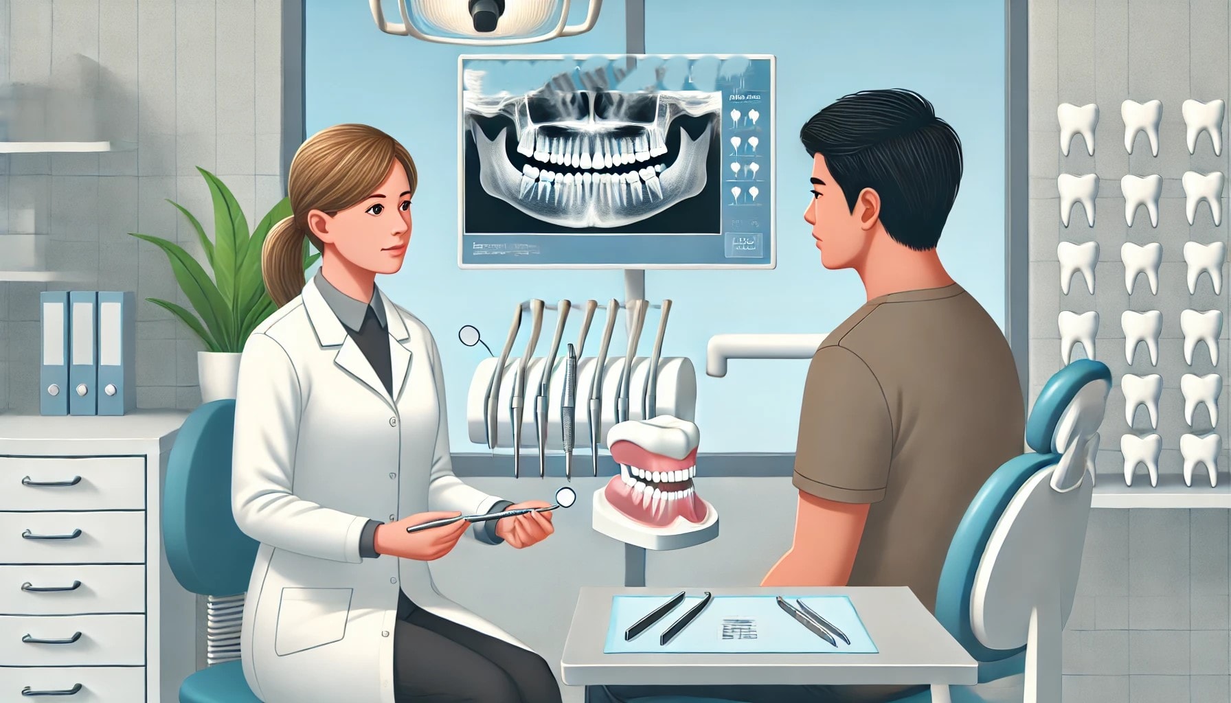 Konsultasjon om periodontittbehandling i en moderne tannklinikk."