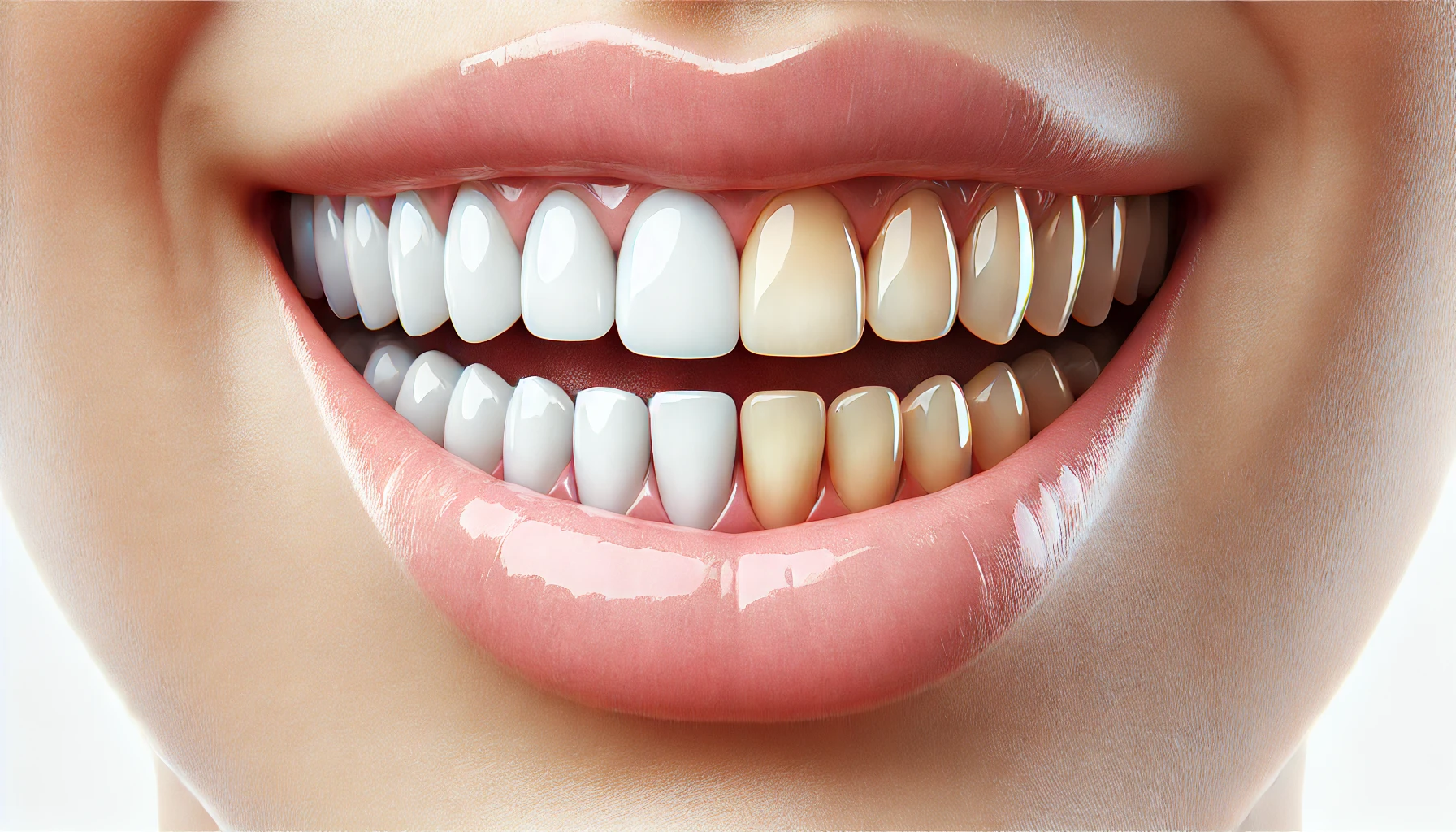 Naturlig vakre hvite tenner som gradvis blir misfarget. Et visuelt uttrykk for sunne og misfargede tenner.