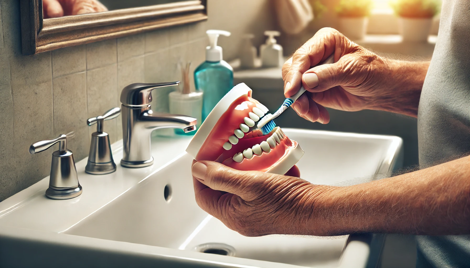 Eldre person rengjør tannprotese med en tannbørste over en vask på et bad med speil og hygieneartikler i bakgrunnen.