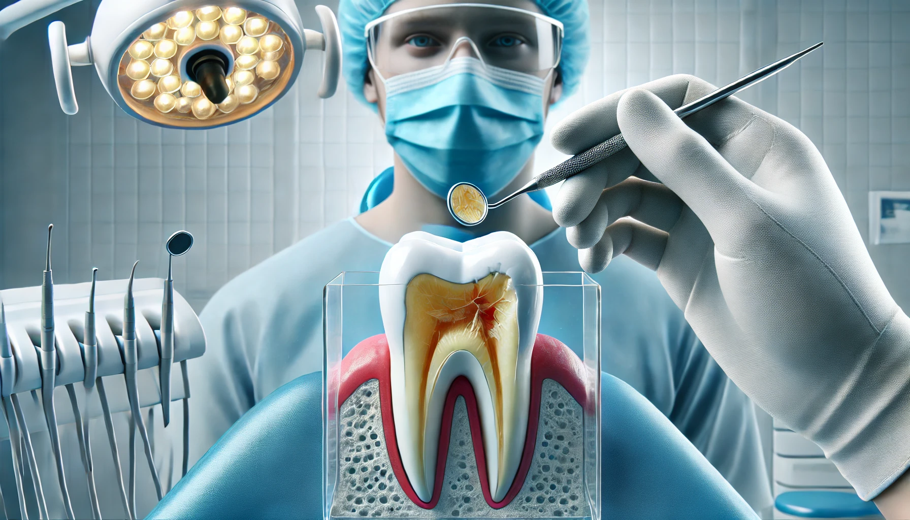 "En tannlegesituasjon der tannlegen undersøker en pasients tann, med fokus på et råttent område, forberedelse til trekking."