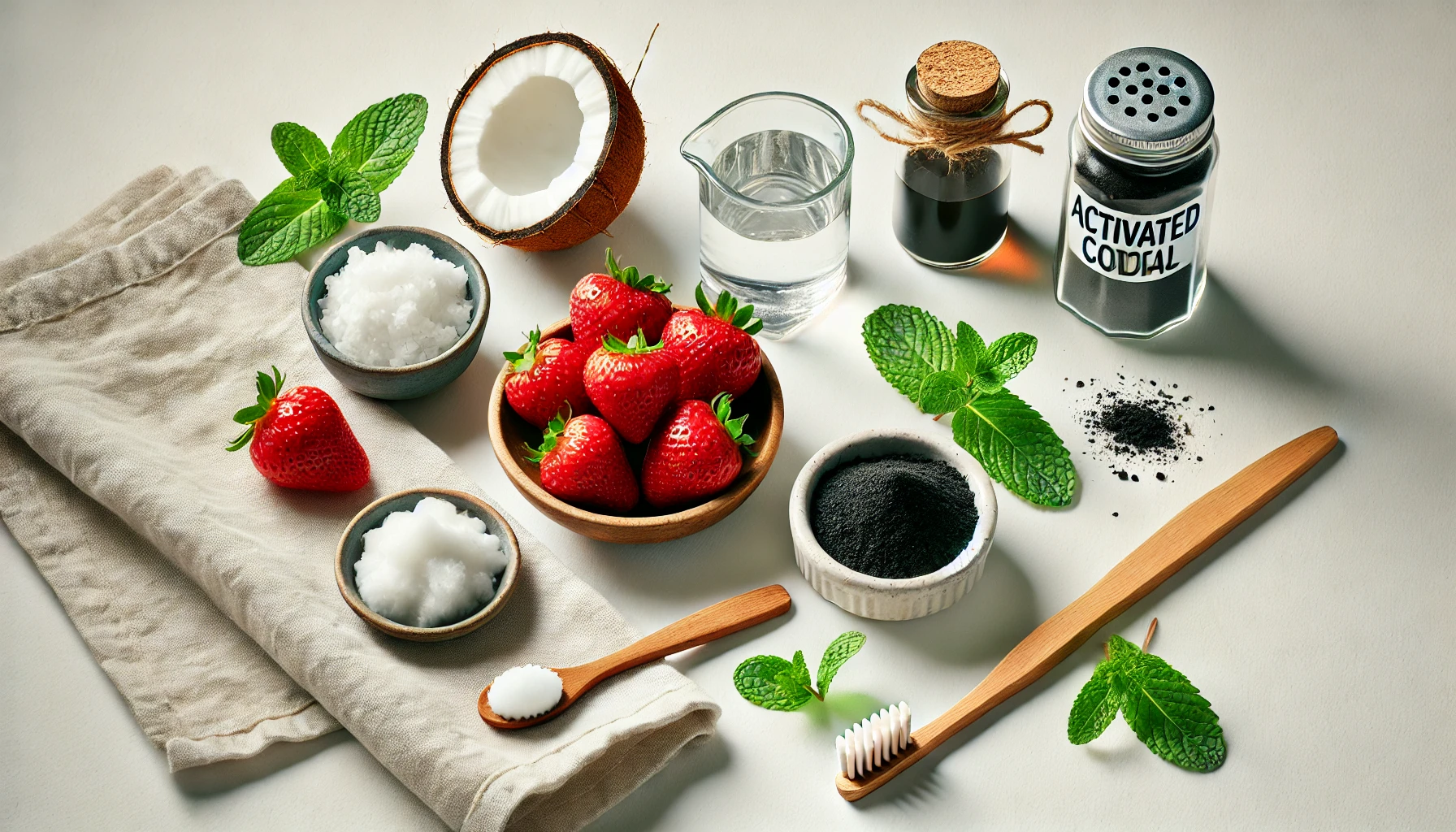 Naturlige ingredienser for hvitere tenner: jordbær, kokosolje, aktivt kull, natron, mynteblader og en tre-tannbørste.