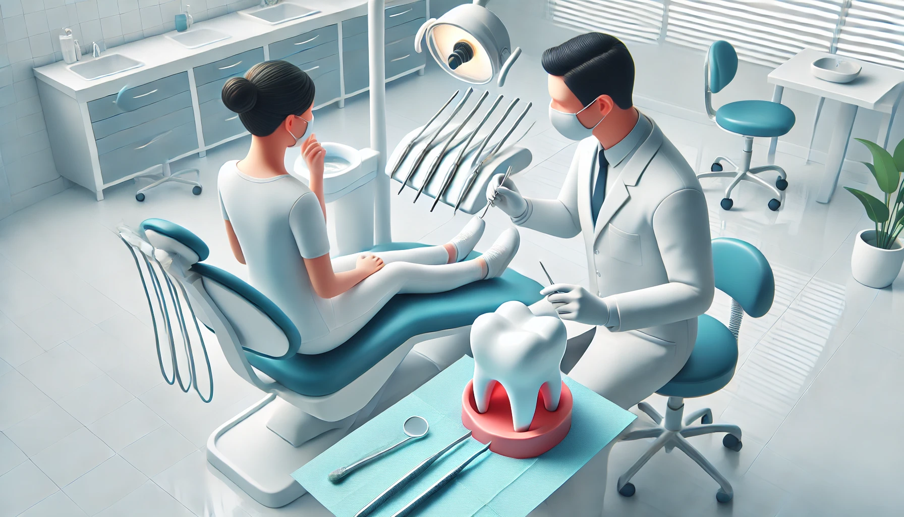 Tannlege gir veiledning til pasient om vedlikehold av tannfylling for å sikre lang levetid i en moderne og ren klinikk."