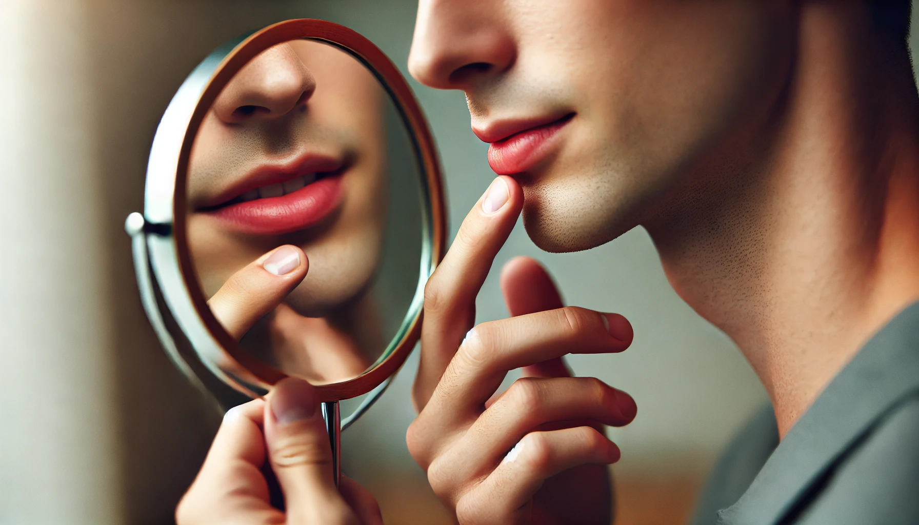 "En nærbilde av en person som ser i speilet og vurderer valg av fasetter."