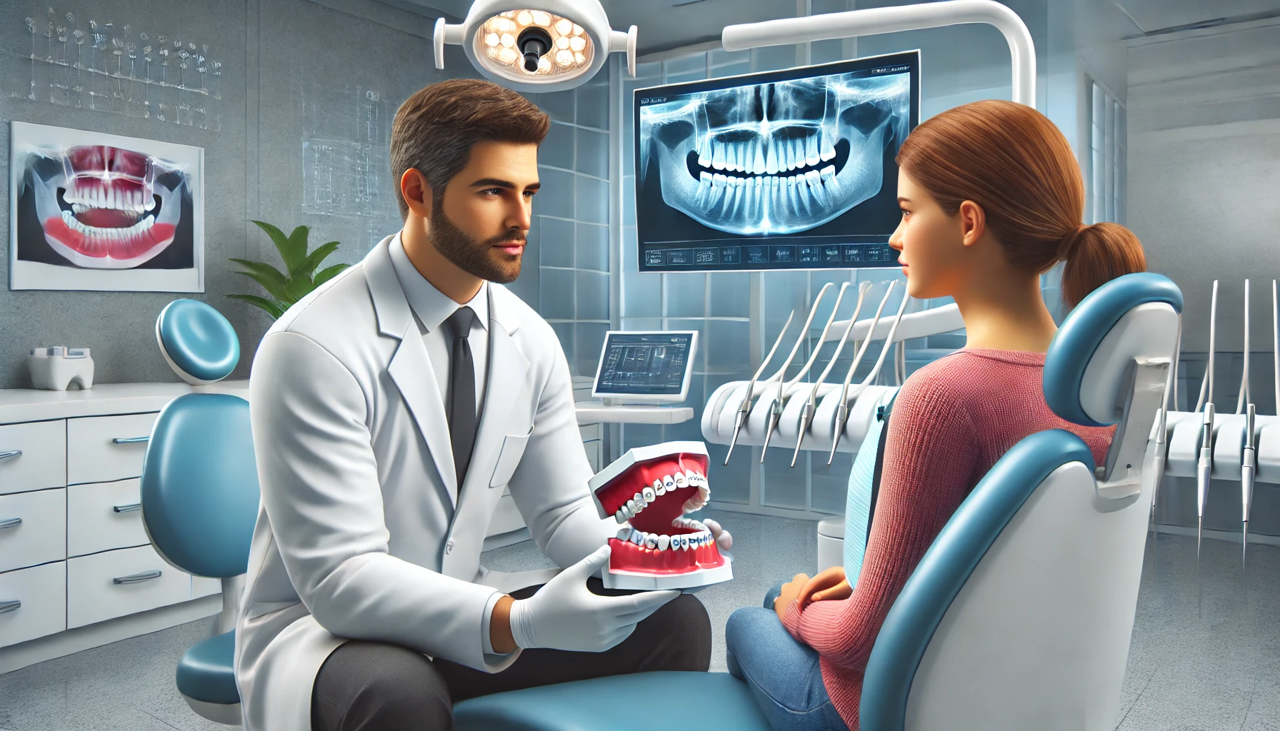 Ortodontist forklarer tannregulering til pasient i en moderne klinikk med avansert utstyr og profesjonell atmosfære.