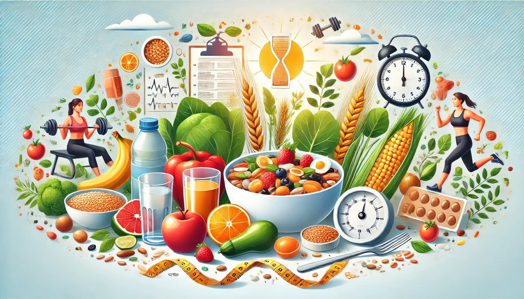 Illustrasjon av balansert kosthold og sunn livsstil for å forebygge mangelsykdommer, inkludert frukt, grønnsaker, proteiner og mosjon."