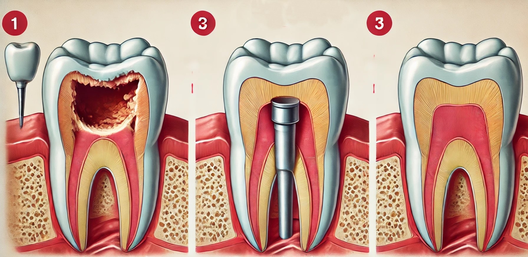 Bilde som viser prosessen med stift og krone trinnvis."