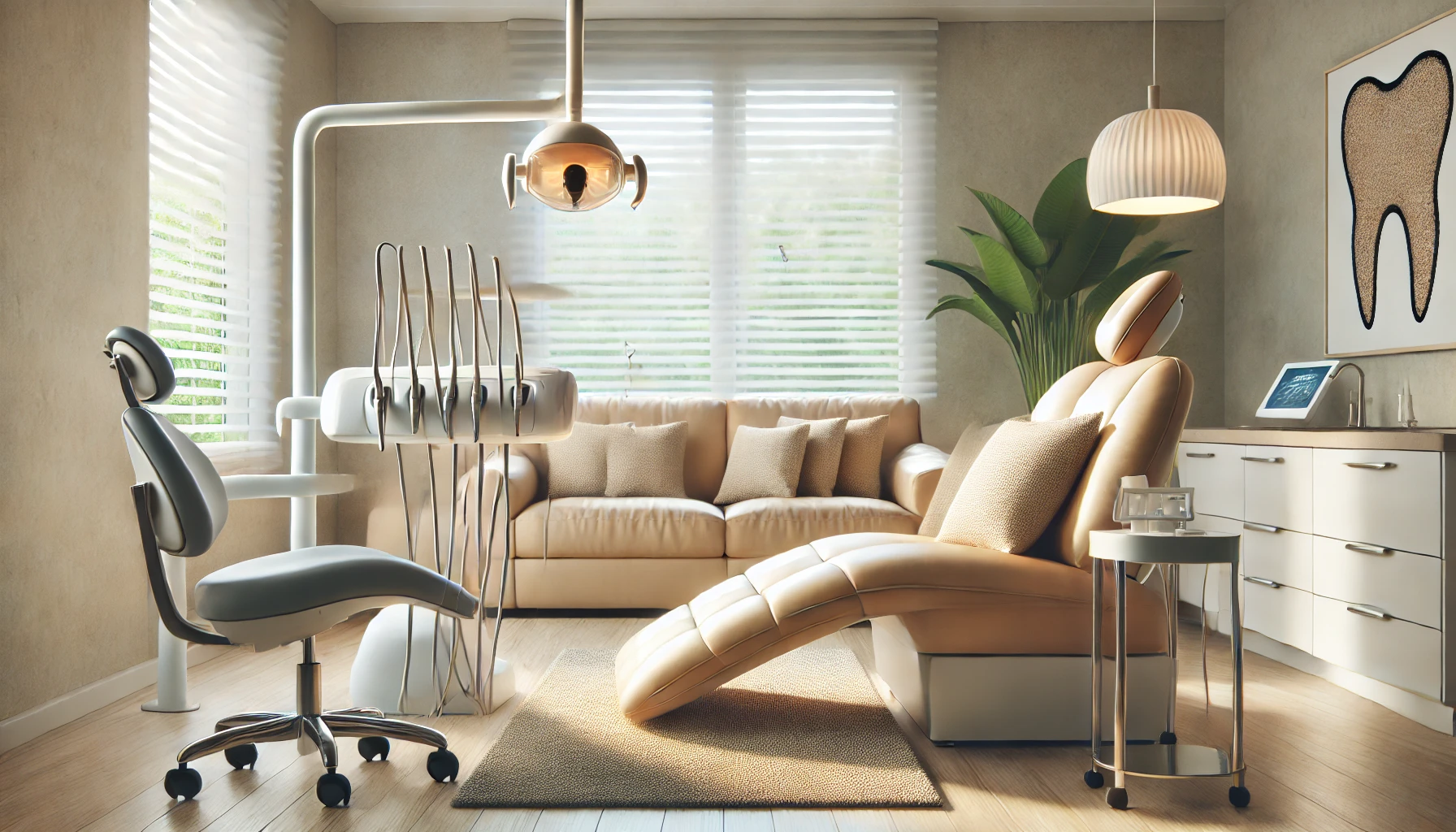 En tannlegekontor med et rolig og beroligende miljø, komfortable seter, myk belysning og mildt tannlegeutstyr.
