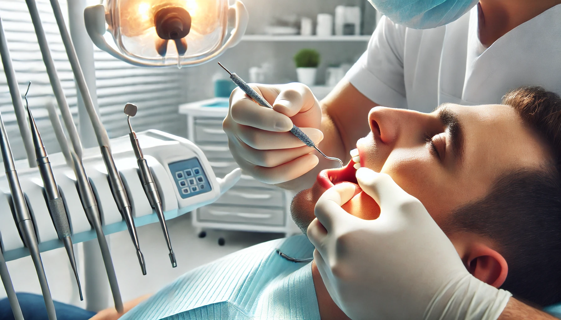 "En tannlege som utfører en tanntrekking på en pasient, ved bruk av tannlegeverktøy, i et rent og moderne rom."