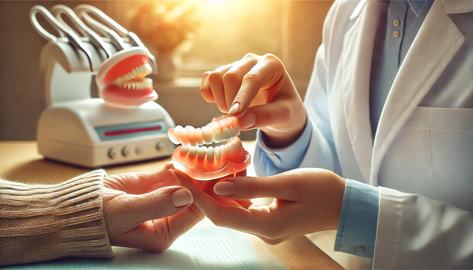 Tannlege justerer en tannprotese for en pasient i en klinikk, som viser viktigheten av en riktig passform for komfort og funksjon."