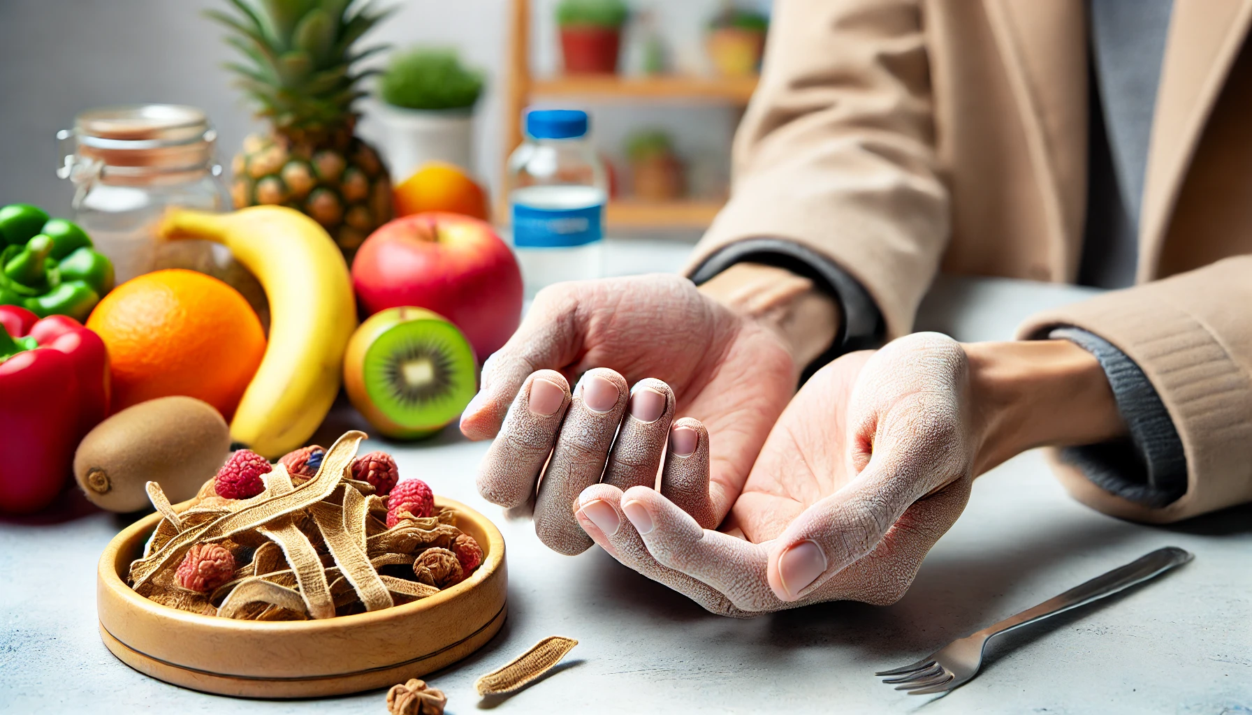 "Person ser på hendene sine med sprø negler og tørr hud, med friske grønnsaker i bakgrunnen som symbol på balansert ernæring."
