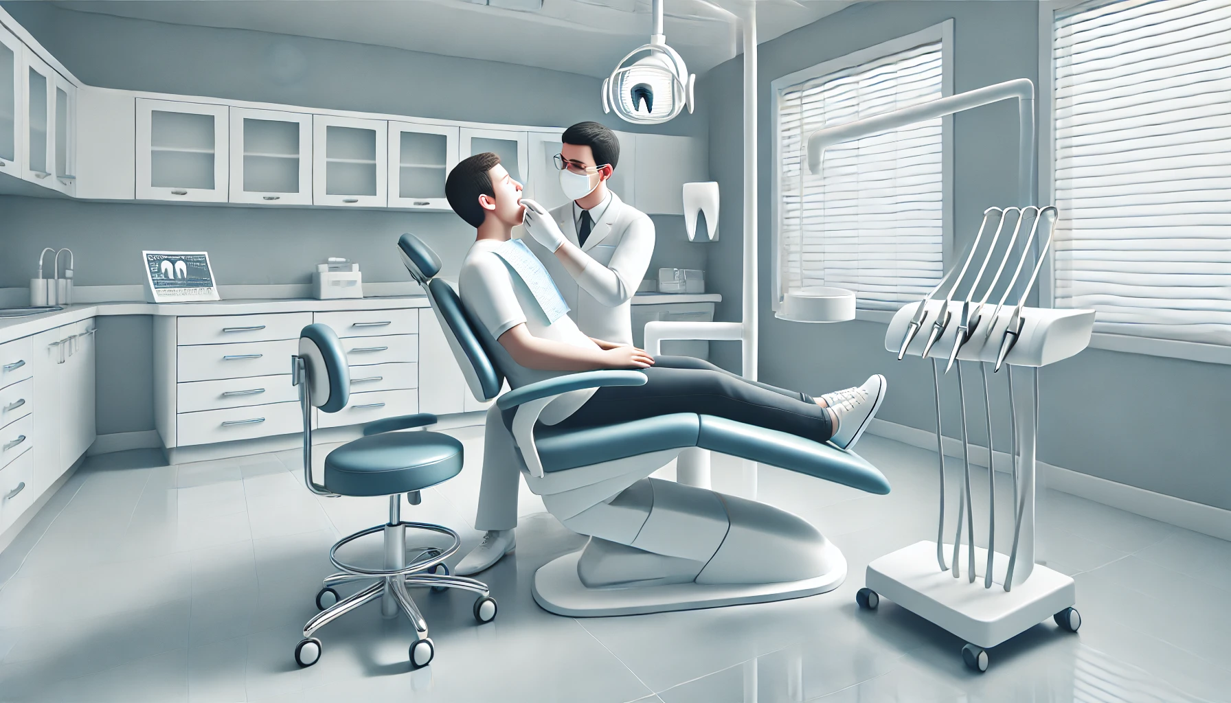 En tannlegekontor med en pasient i tannlegestolen og tannlegen som forbereder seg på å trekke en tann."