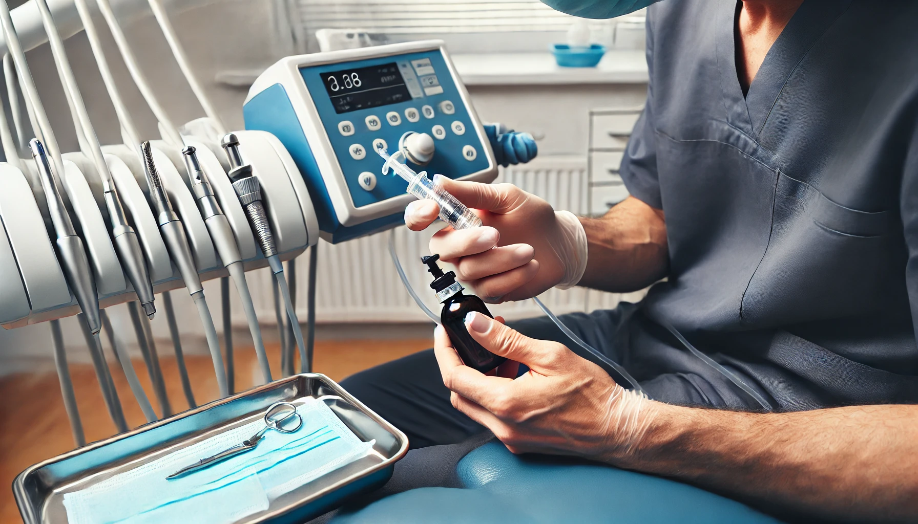 "En tannlege som forbereder narkose til en pasient på et tannlegekontor."