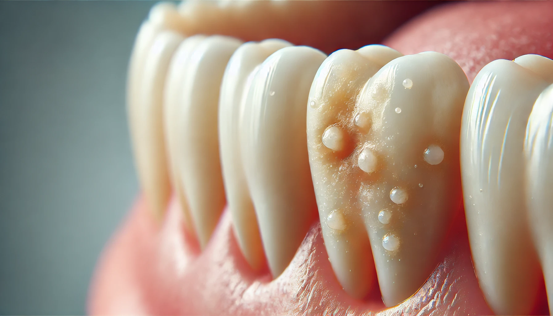 "En nærbilde av en tann som viser de tidlige tegnene på karies, med lett misfarging og små synlige råteområder."