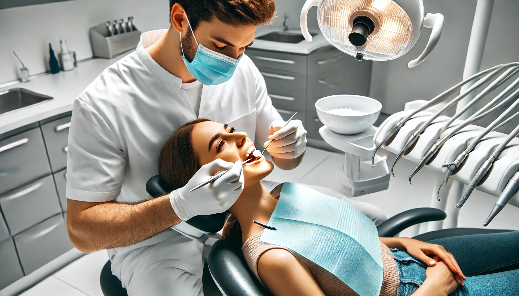 En tannlege utfører profesjonell tannrens på en pasient i en moderne klinikk med sterilt utstyr og lys setting.