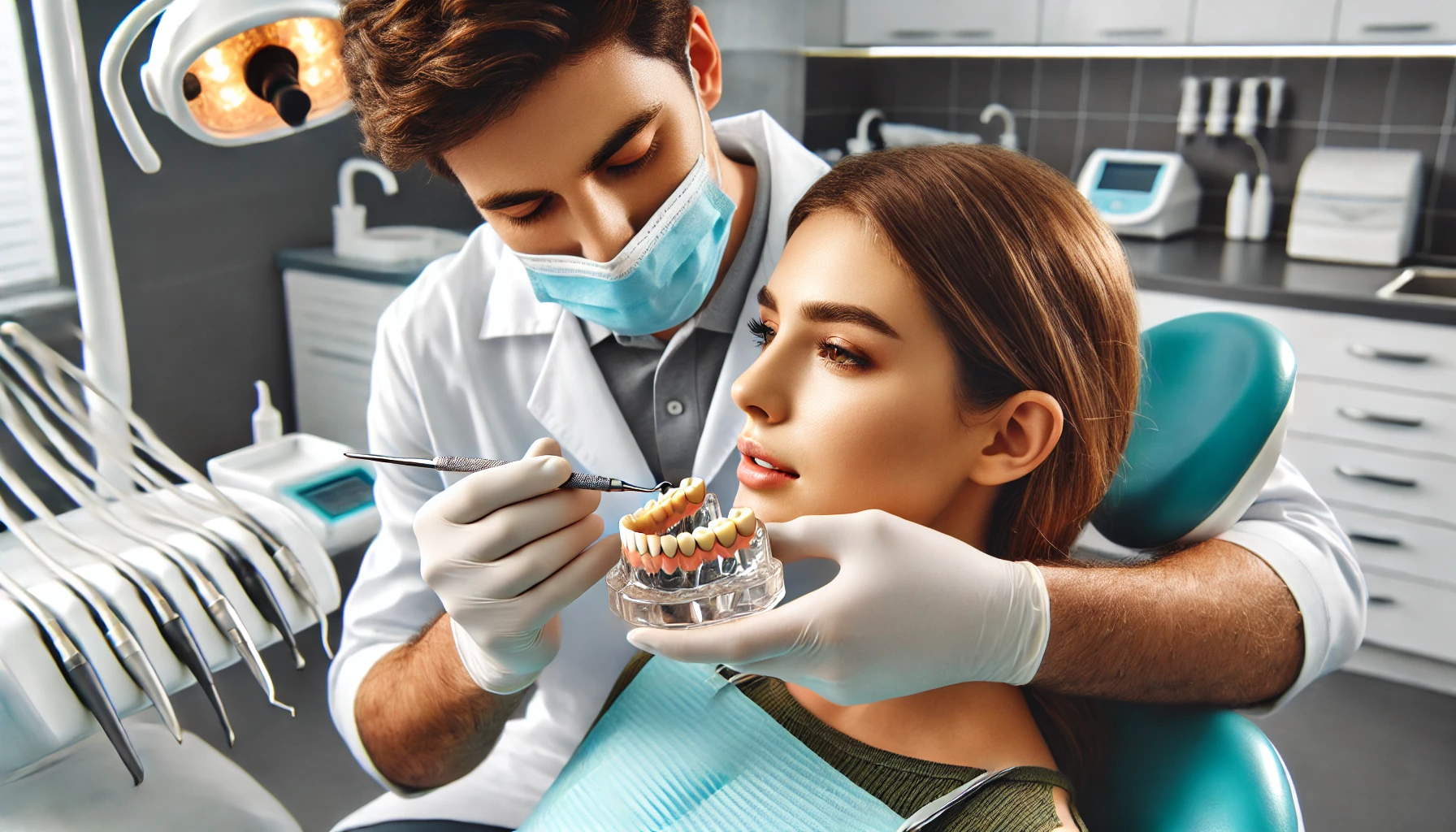 Tannlege justerer en tannprotese med spesialverktøy mens pasienten sitter i en moderne tannklinikk med rent utstyr."