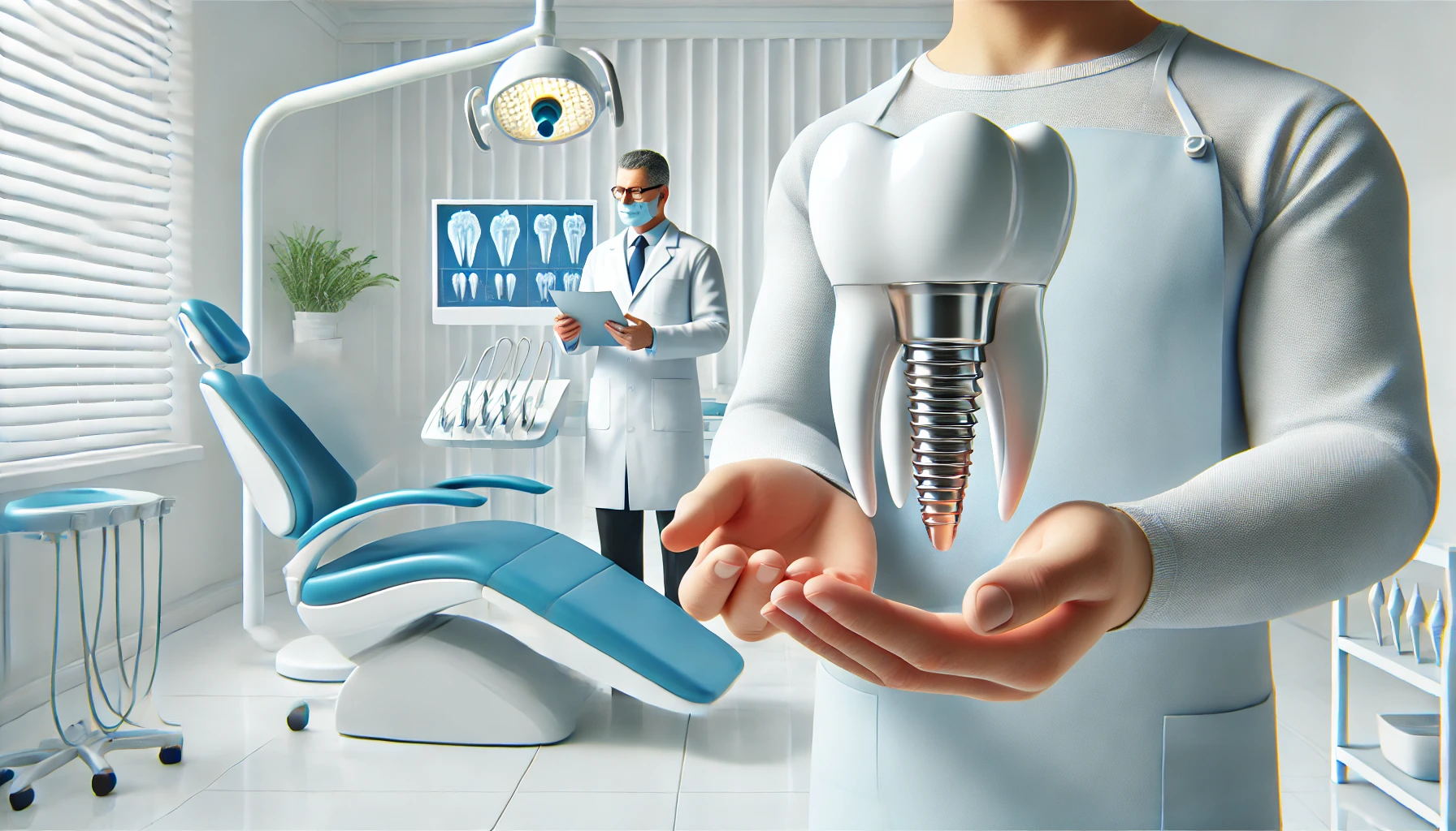Tannlege forklarer tannimplantatprosedyre ved hjelp av en 3D-modell i en moderne og ren klinikk, som illustrerer behandlingen."