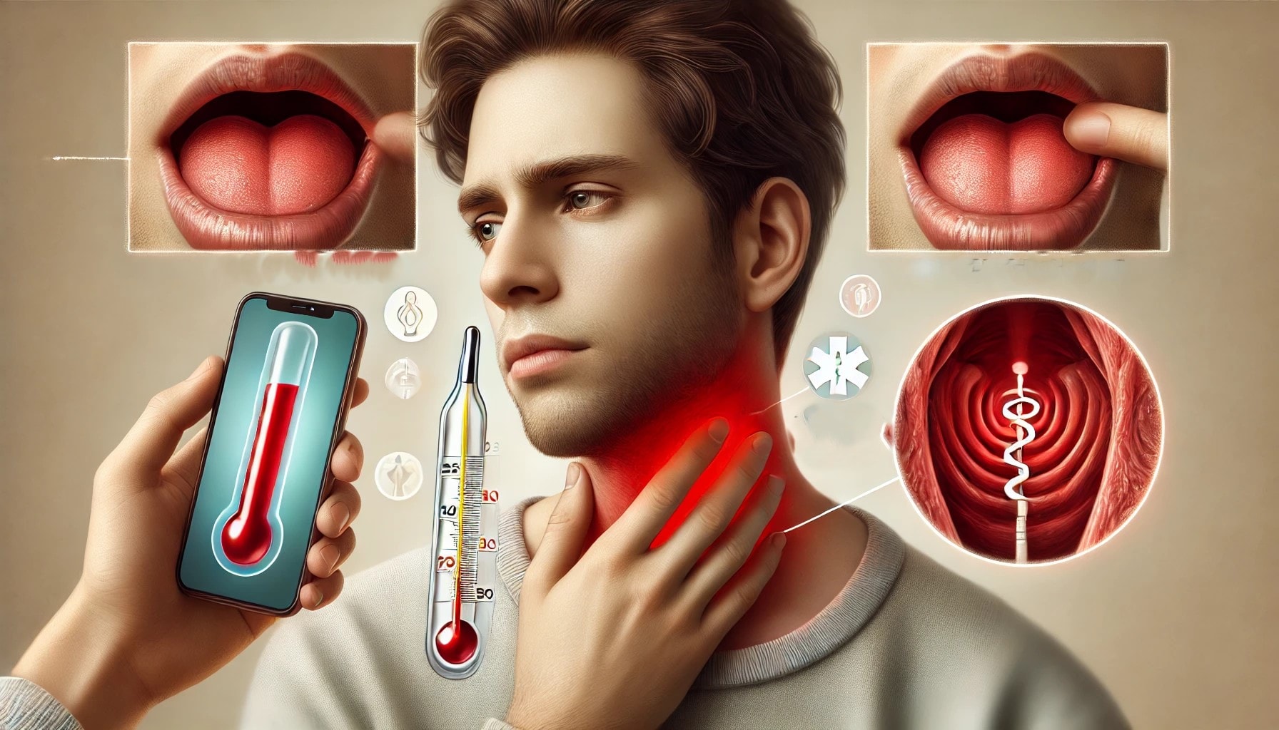 "Realistisk bilde av når du bør kontakte lege for tørr hals, med symptomer som irritert hals og feber."