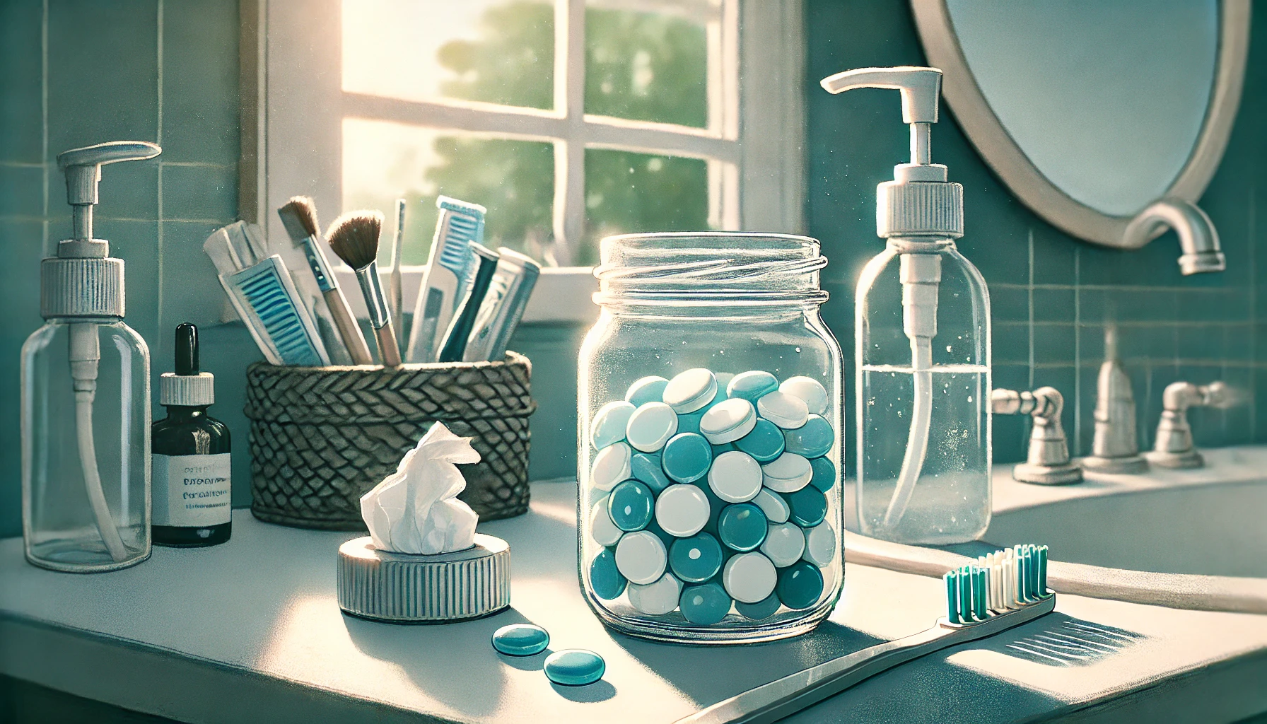 Flaske med munnskyll og et glass med blå væske på et baderomsbenk, med tannbørste og speil i bakgrunnen.
