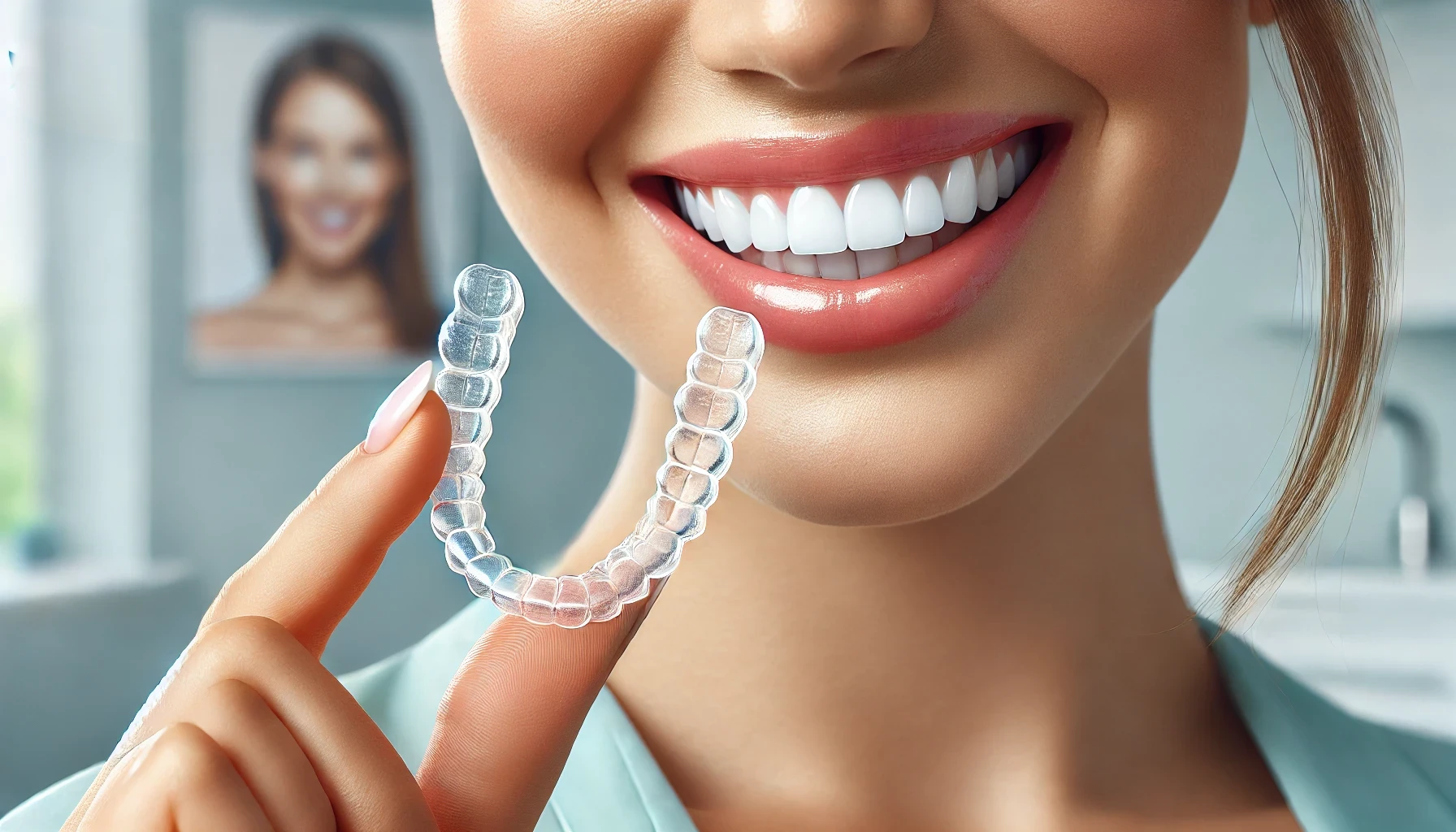 Person holder gjennomsiktige Invisalign-skinner nær tennene, viser diskret design i en lys tannlegeklinikk.
