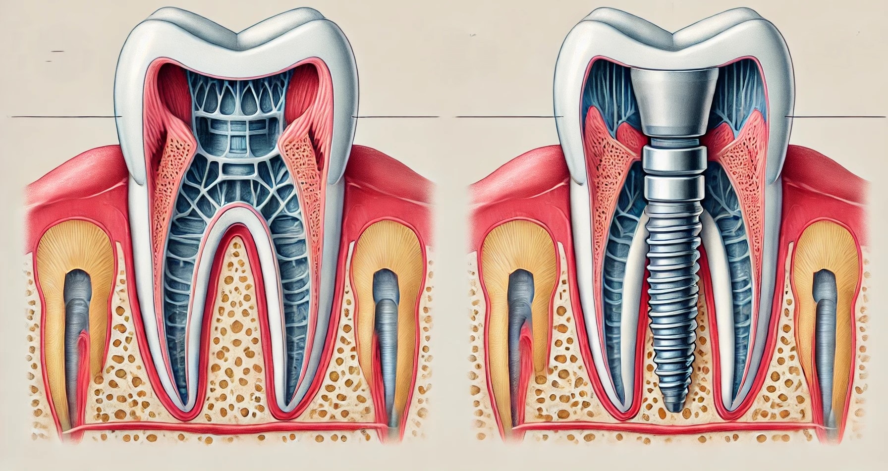 Sammenligning av tann på stift og tannimplantater, detaljert illustrasjon."