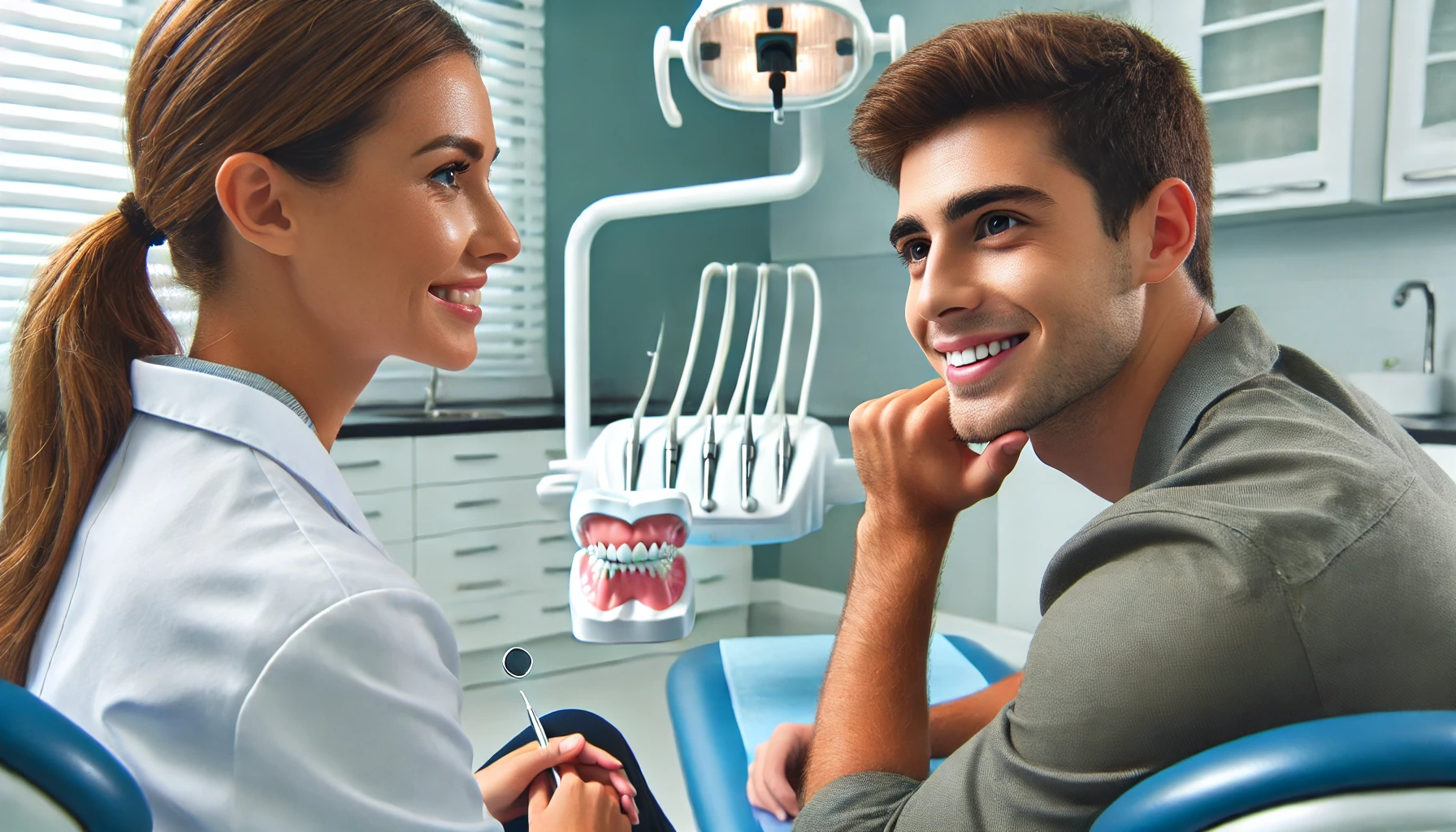Person i tannklinikk får konsultasjon om tannregulering fra en tannlege, med fokus på behandlingsvalg og tannhelse.