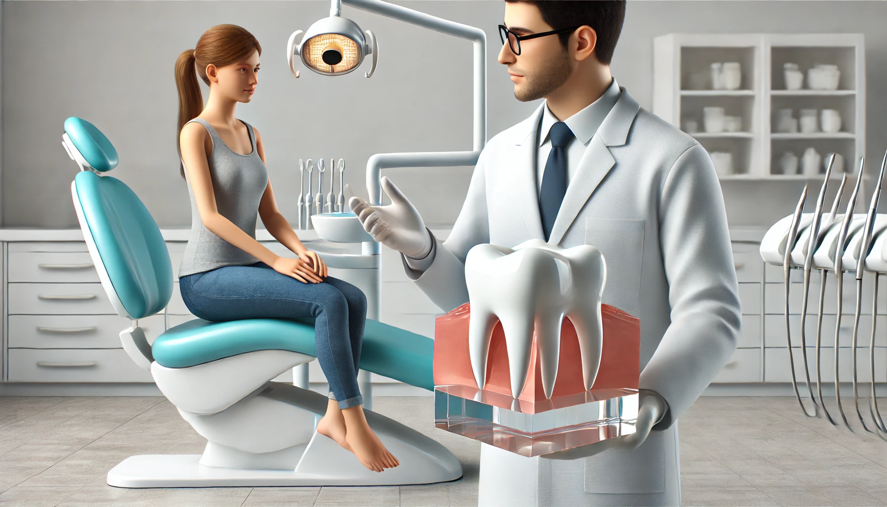 Tannlege forklarer tilbaketrukket tannkjøtt ved hjelp av en 3D-modell i en moderne klinikk for pasientveiledning."