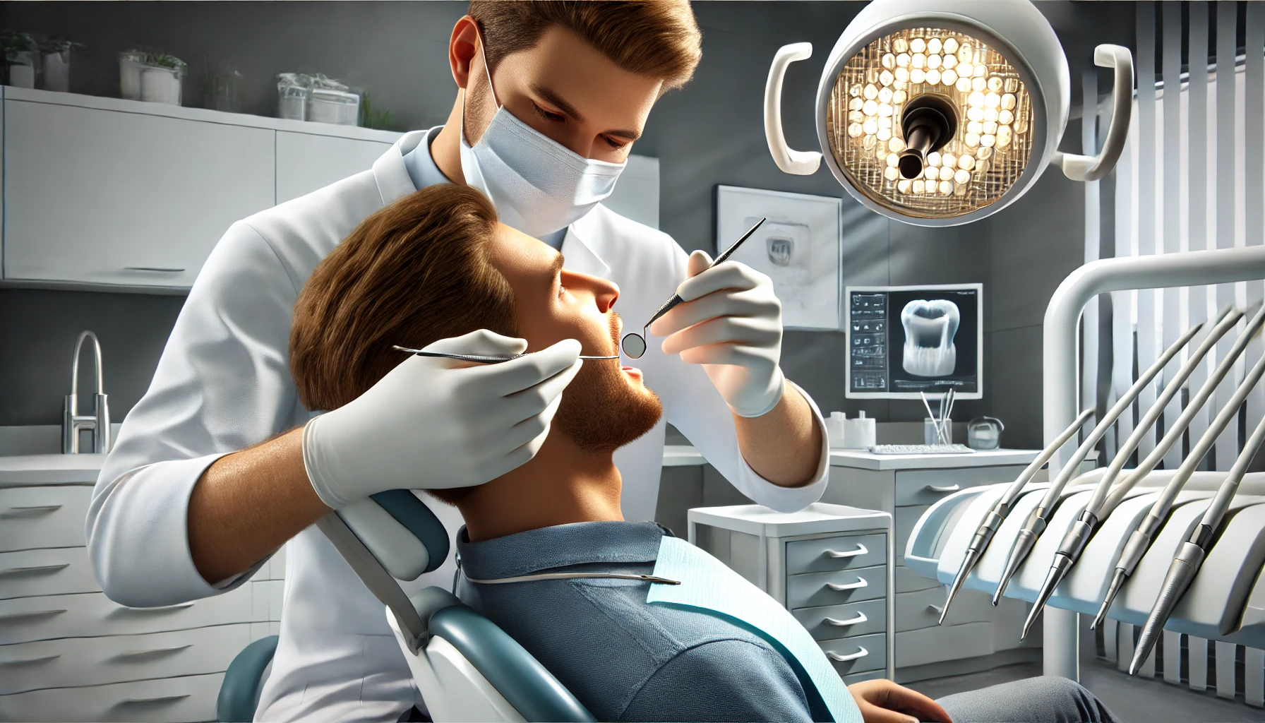 Tannlege undersøker en pasients tenner i en moderne tannklinikk med profesjonelt utstyr i bakgrunnen. januar 2025 egne tenner tannbehandling i den offentlige