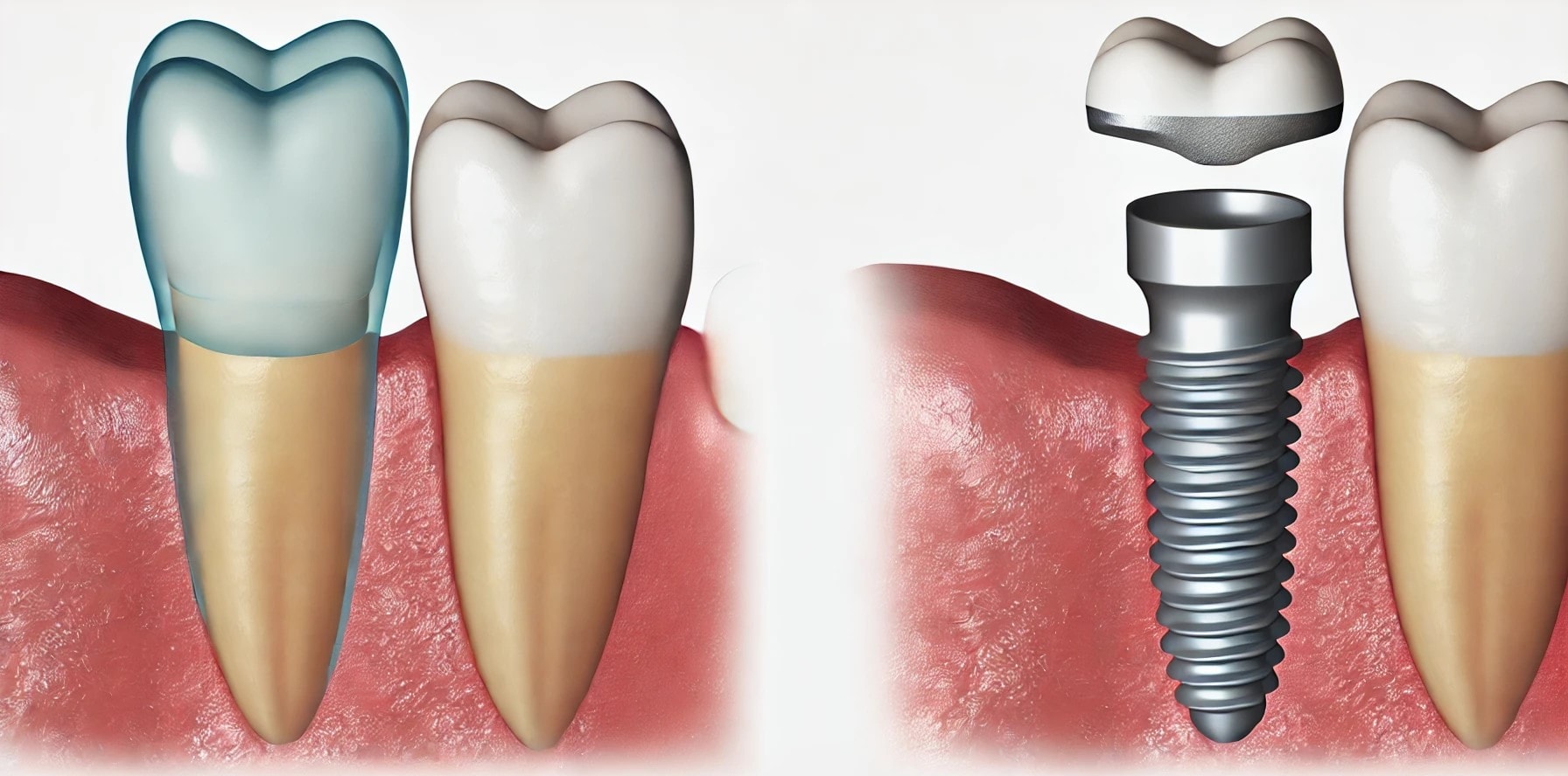 Sammenligning av tann på stift og tannimplantater."