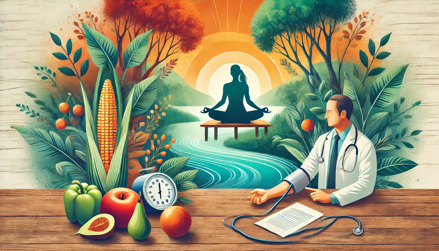 Effektive behandlingsmetoder for å senke blodtrykket: sunn mat, yoga i naturen og lege i konsultasjon."