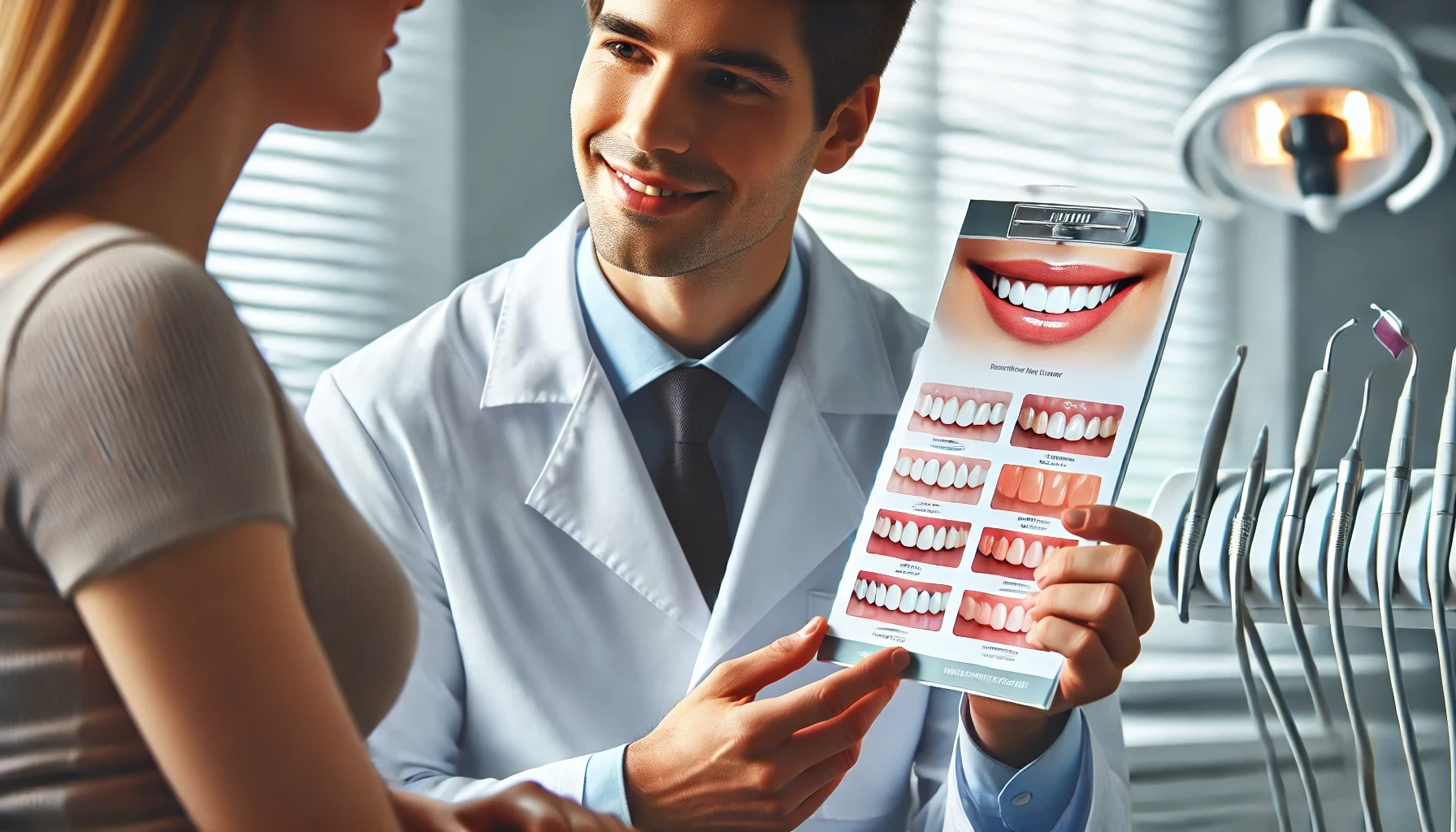 "En tannlege som diskuterer med en pasient om fordeler og ulemper ved fasetter."