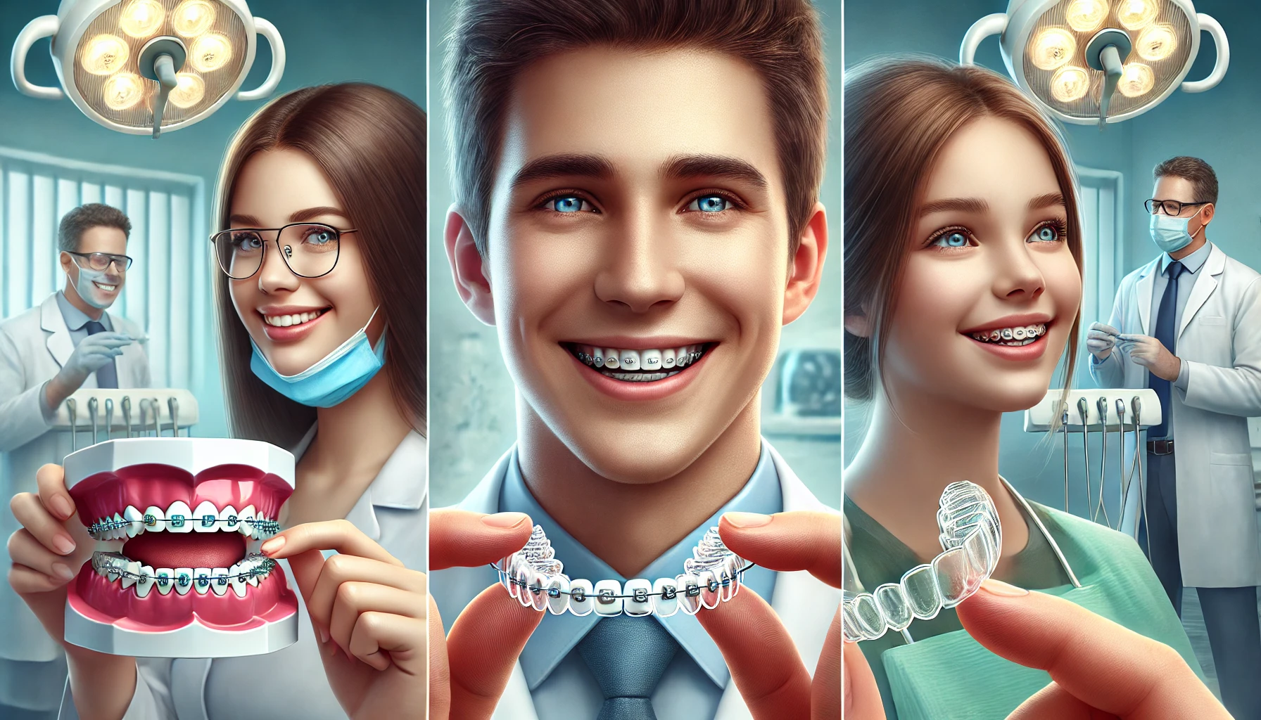 En moderne tannklinikk der en voksen, et barn og en tenåring får tannregulering med tradisjonelle og usynlige skinner."
