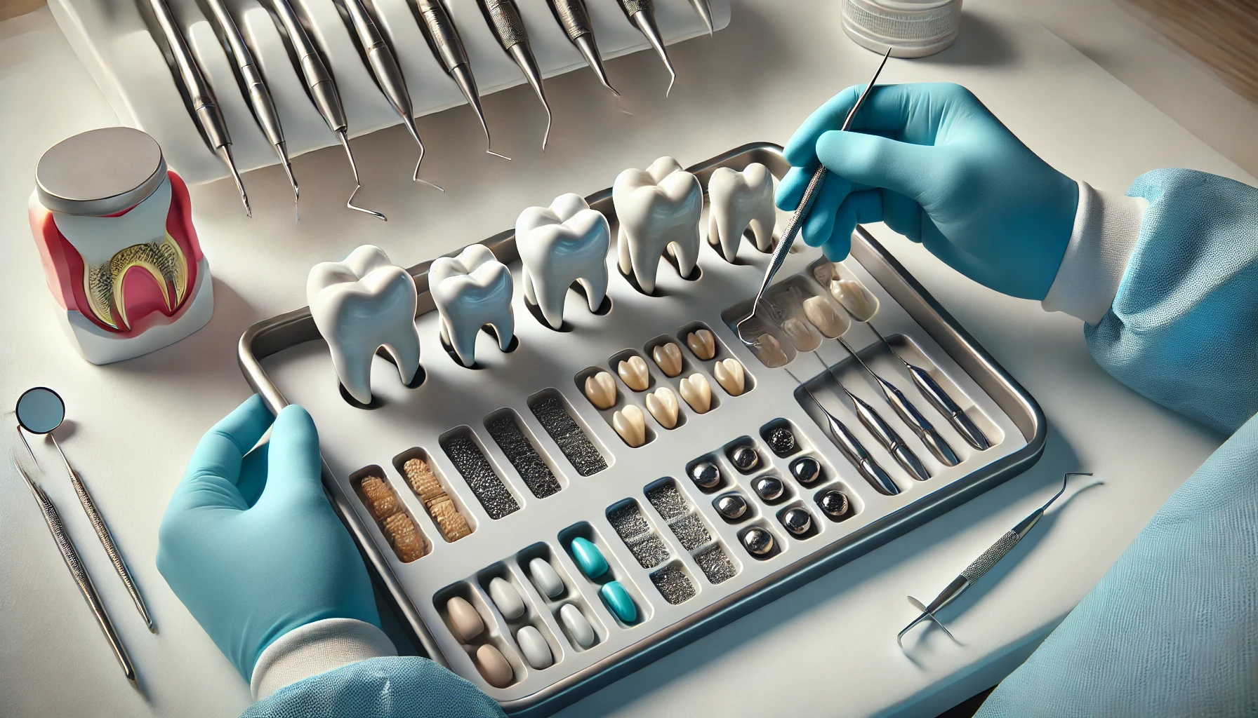 Moderne tannklinikk med ulike tannfyllingsmaterialer på brett, der en tannlege velger riktig alternativ for behandling."